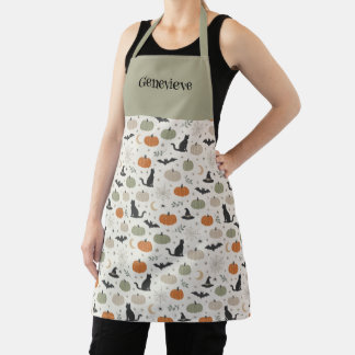 Minimalist Cat Pumpkin Halloween Name Apron