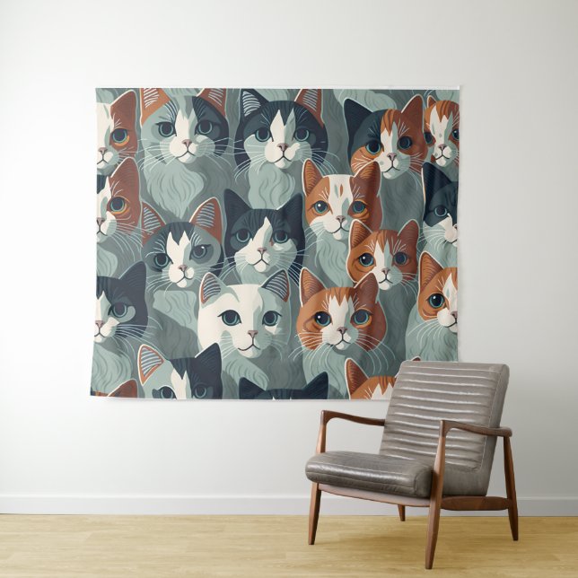 Minimalist Cats Collage Wallpaper Tapestry (In Situ (Horizontal))