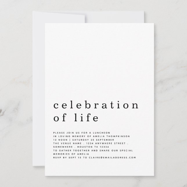 Minimalist Celebration of Life Luncheon Invitation (Front)