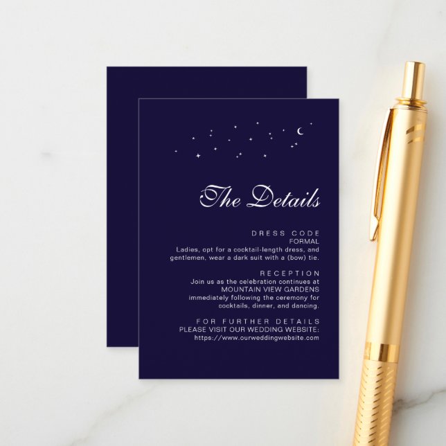 Minimalist Celestial Midnight Blue Wedding Details Enclosure Card (Front/Back In Situ)