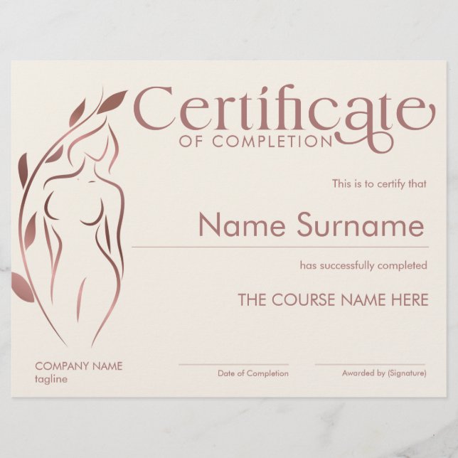 Minimalist Certificate of Completion Body Sculptin (Front)