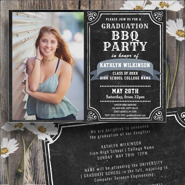 Minimalist Chalkboard Photo Graduation BBQ Party  Invitation (Creator Uploaded)