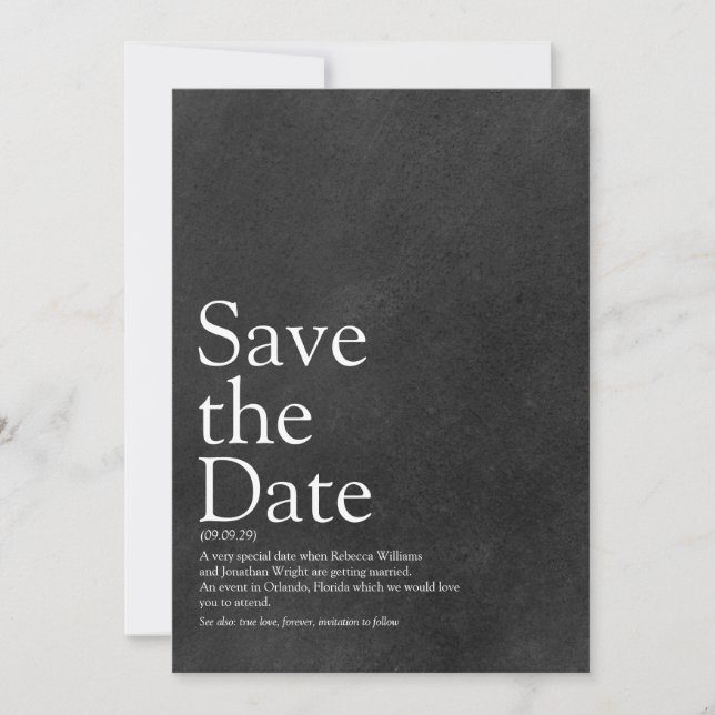 Minimalist Chalkboard Save the Date Definition (Front)