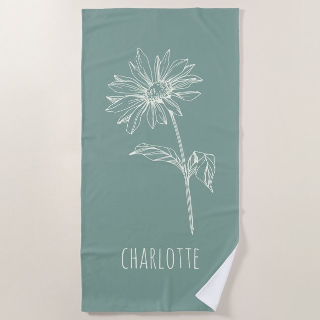 Minimalist Chamomile Flower Sage Green Name Beach Towel (Front)