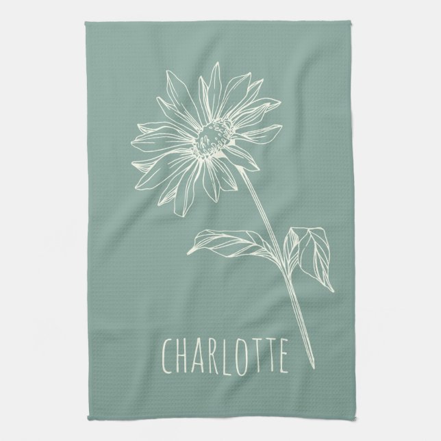 Minimalist Chamomile Flower Sage Green Name Tea Towel (Vertical)