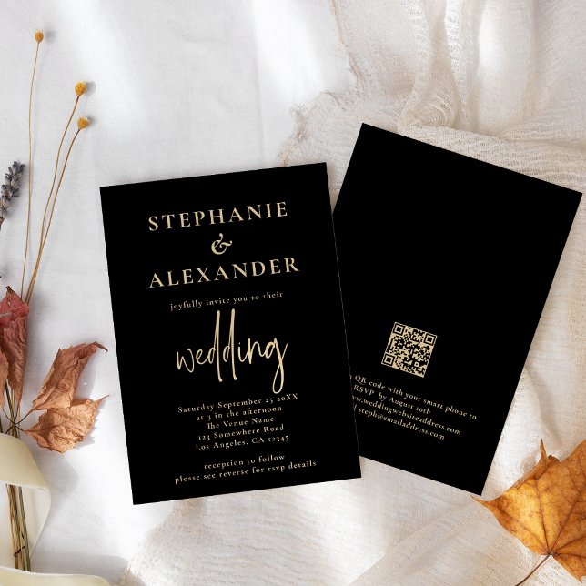 Minimalist Champagne Gold Black QR Code Wedding Invitation (Creator Uploaded)