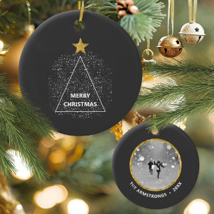 Minimalist Charcoal Gold Star Christmas Photo Ceramic Ornament