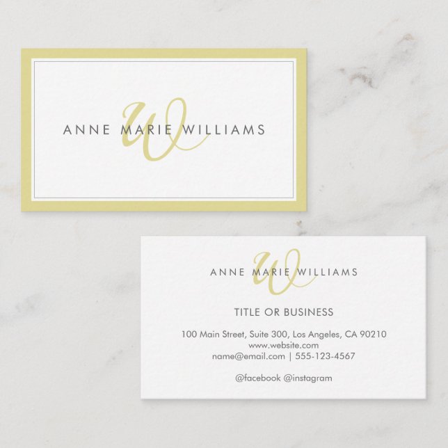 Minimalist Chartreuse Script Two Border Monogram Business Card (Front/Back)