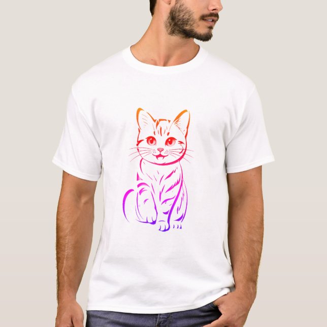 Minimalist Cheerful Cat Simple Line Art T-Shirt (Front)