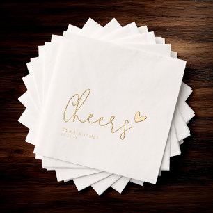 Minimalist “Cheers” Wedding Gold Heart Custom Name Foil Napkins
