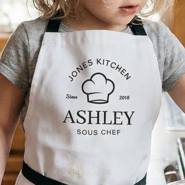 Minimalist Chef Hat Kitchen Logo with Classic Typo Apron (Personalized kids chef apron for girls who love baking and cooking)