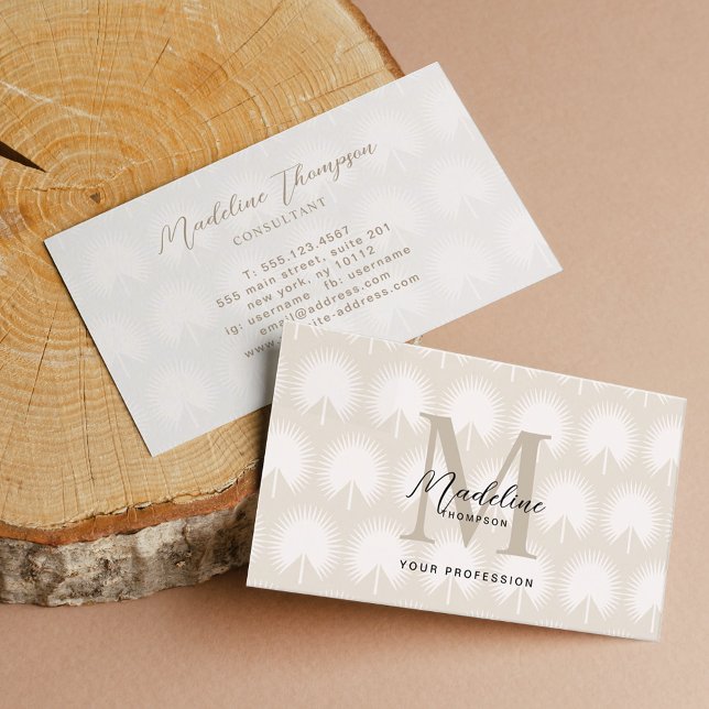 Minimalist Chic Beige Anahaw Leaf Script Monogram Business Card (Creator Uploaded)