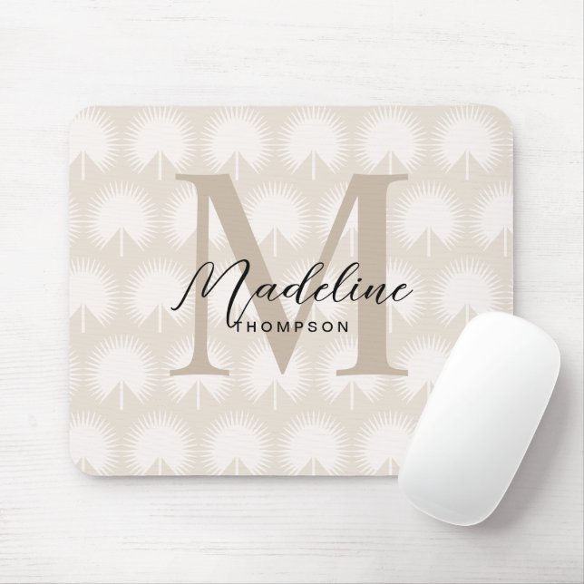 Minimalist Chic Beige Anahaw Leaf Script Monogram Mouse Pad (With Mouse)