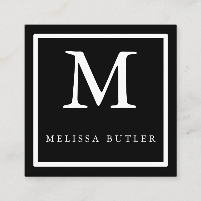 Minimalist Chic Black and White Modern Monogram Square Business Card (Front)