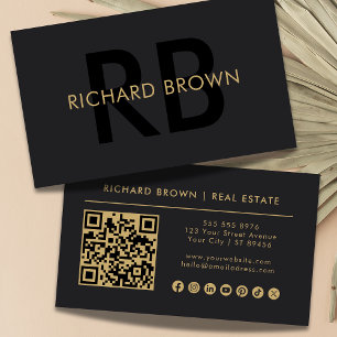 Minimalist Chic Black Gold Monogram QR Business Card