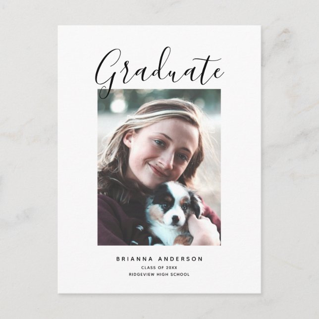 Minimalist Chic Brush Script Photo Graduation Announcement Postcard (Front)