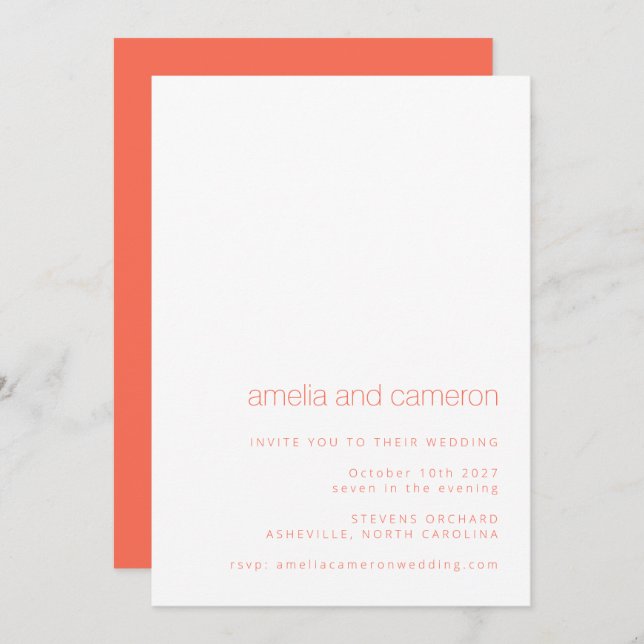 Minimalist Chic Coral Orange Modern Wedding RSVP Invitation (Front/Back)