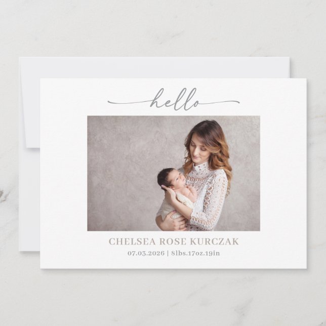 Minimalist Chic Hello Photo Baby Announcement card (Front)