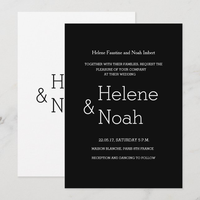 Minimalist chic modern black white simple wedding invitation (Front/Back)
