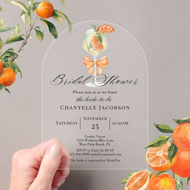 Minimalist Chic Orange Spritz Bow Bridal Shower  Acrylic Invitations (Creator Uploaded)