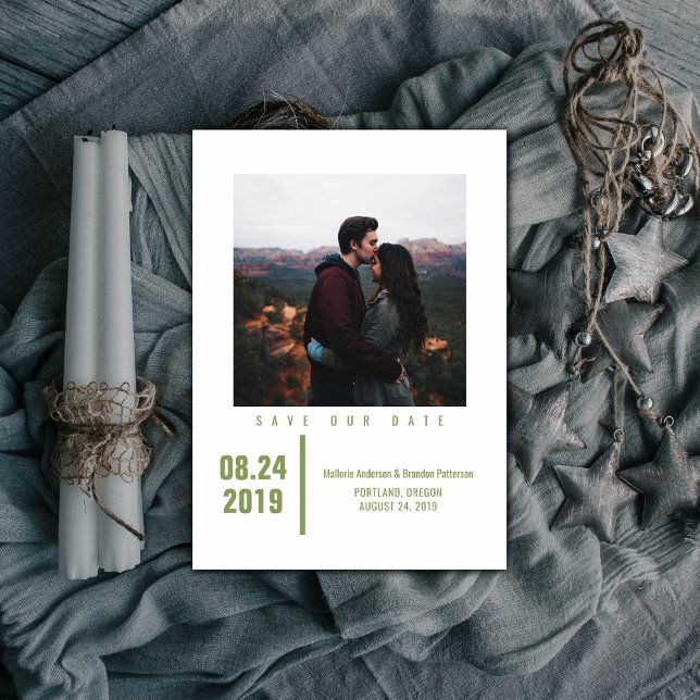 Minimalist Chic Photo Save the Date | Olive Green (Olive Green Minimalist Chic Photo Save the Date)