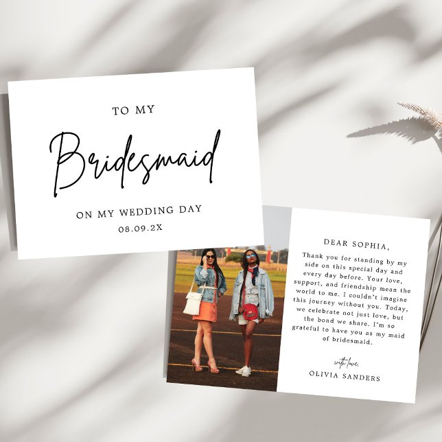 Minimalist Chic Photo To My Bridesmaid Wedding Day Thank You Card (Creator Uploaded)