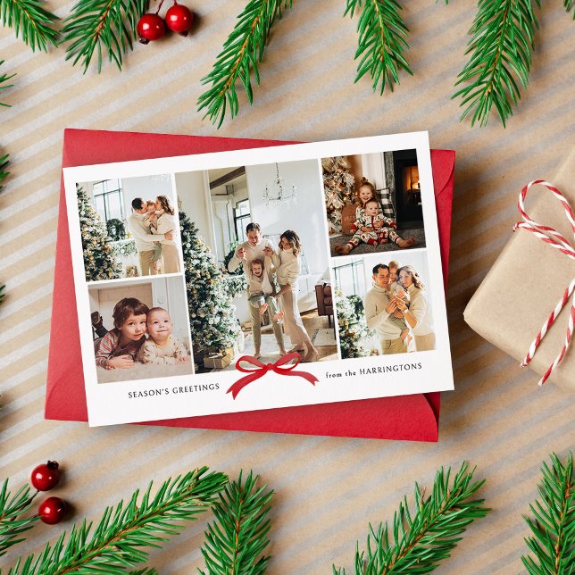 Minimalist Chic Red Bow Photo Collage Holiday Card (Creator Uploaded)