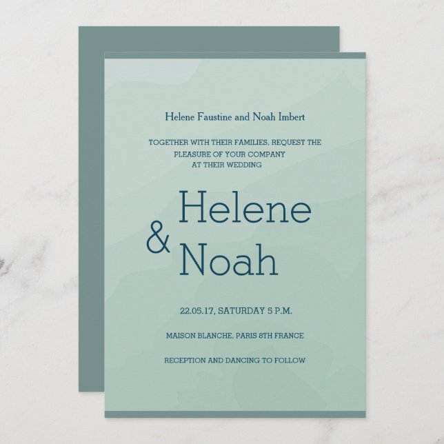 Minimalist chic turquoise blue watercolor wedding invitation (Front/Back)