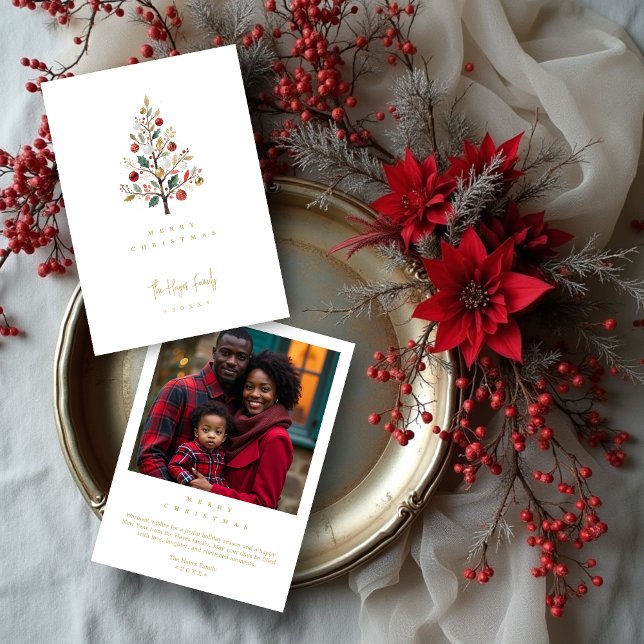 Minimalist Chic Winter Christmas Tree Holiday Card (Minimalist Chic Winter Christmas Tree with Back Photo Holiday Cards in Digital Watercolor Style. )