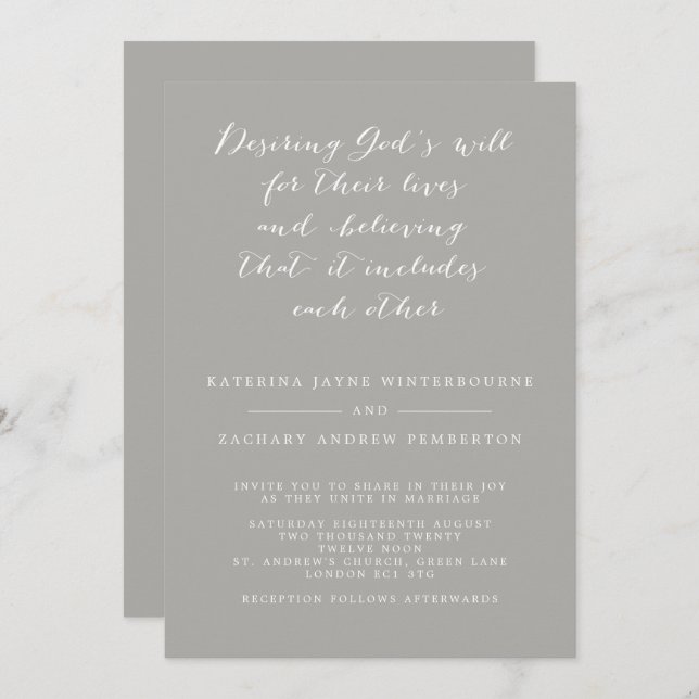 Minimalist Christian Grey and White Script Wedding Invitation (Front/Back)