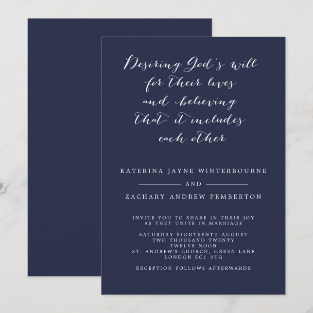 Minimalist Christian Navy and White Script Wedding Invitation (Front/Back)