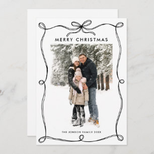 Minimalist Christmas Boho Black Bow Ribbon 2 Photo Holiday Card