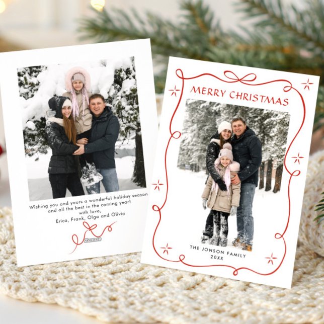 Minimalist Christmas Boho Red Bow Ribbon 2 Photo Holiday Card (Creator Uploaded)