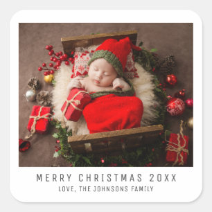 Minimalist Christmas Family Baby Photo, Holidays Square Sticker