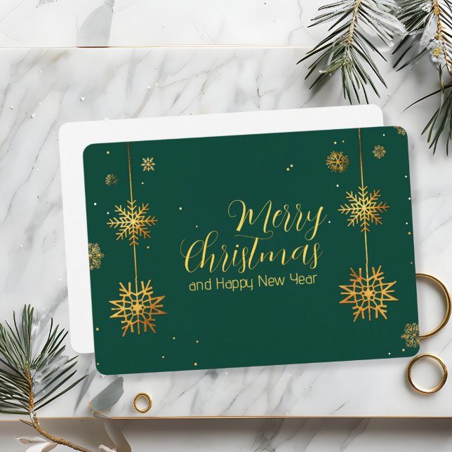 Minimalist Christmas Gold Foil Snowflakes on Green Holiday Card (Creator Uploaded)