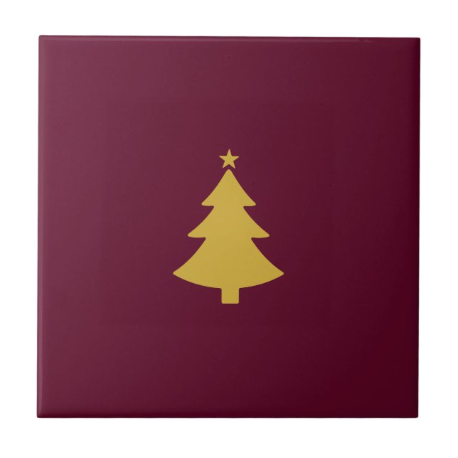 Minimalist Christmas Gold Tree, Burgundy Wine Ceramic Tile (Front)