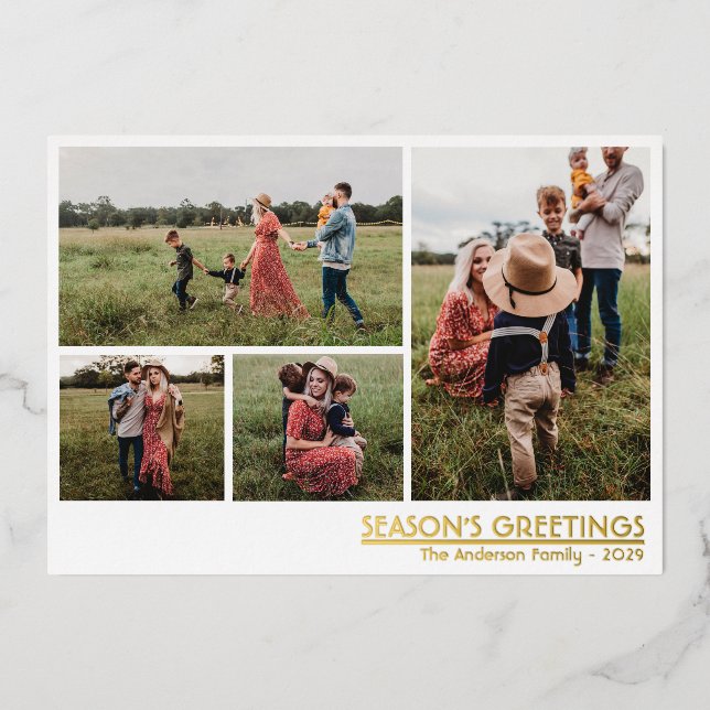 Minimalist Christmas Greetings Family Photo Foil Holiday Card (Front)