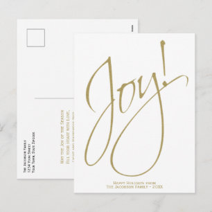 Minimalist Christmas Joy Gold & White Typography Holiday Postcard