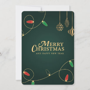Minimalist Christmas Lights & Gold Ornaments Holiday Card