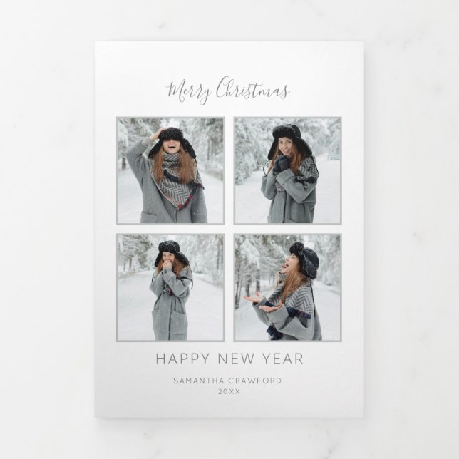 Minimalist Christmas Multi-Photo Grey Chevron Tri-Fold Holiday Card (Cover)