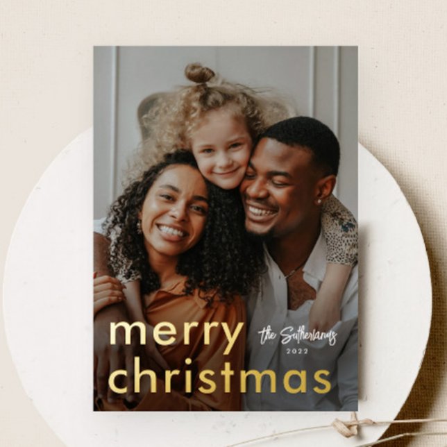 Minimalist Christmas Photo  Foil Holiday Card (Modern typography merry christmas photo foil holiday card.)