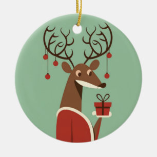 Minimalist Christmas reindeer gift present holiday Ceramic Ornament