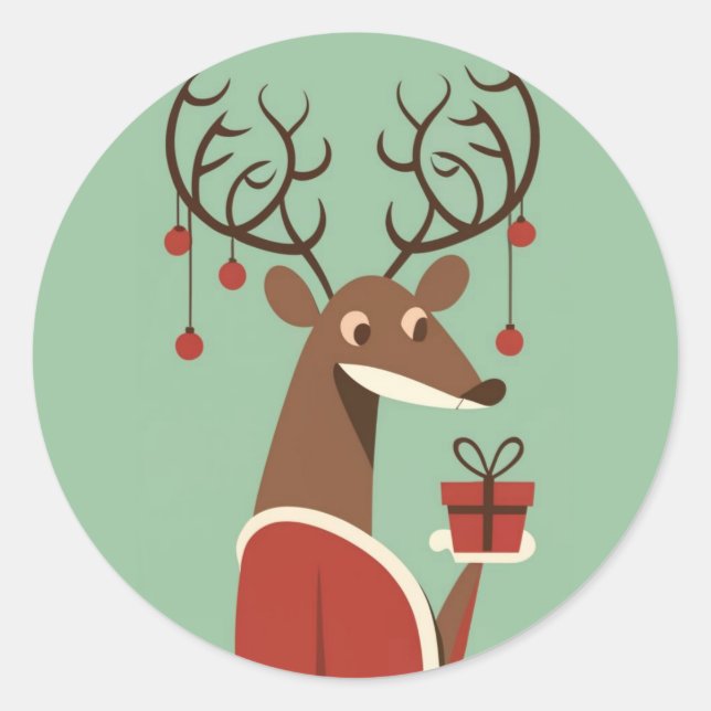 Minimalist Christmas reindeer gift present holiday Classic Round Sticker (Front)