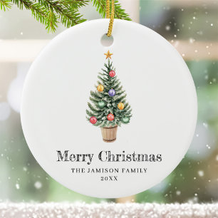 Minimalist Christmas Tree  Family Name Year  Ceramic Ornament