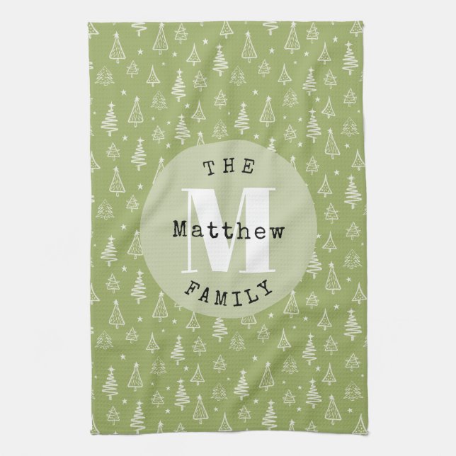 Minimalist Christmas Tree Green Family Holiday Tea Towel (Vertical)