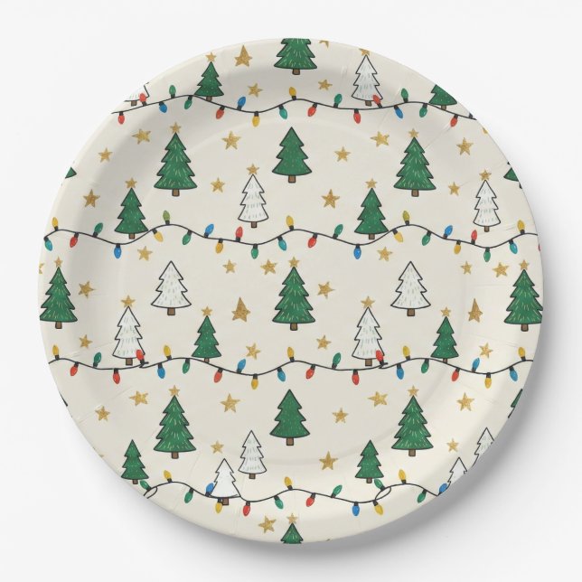 Minimalist Christmas Tree Lights Pattern Party Paper Plate (Front)