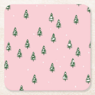 Minimalist Christmas Tree Winter Forest On Pink  Square Paper Coaster