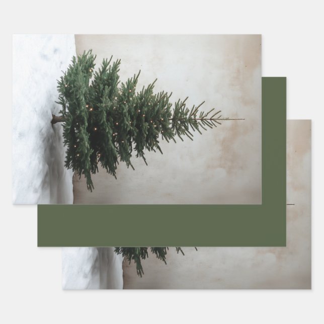 Minimalist Christmas Tree with Soft Lights on Snow Wrapping Paper Sheet (Set)
