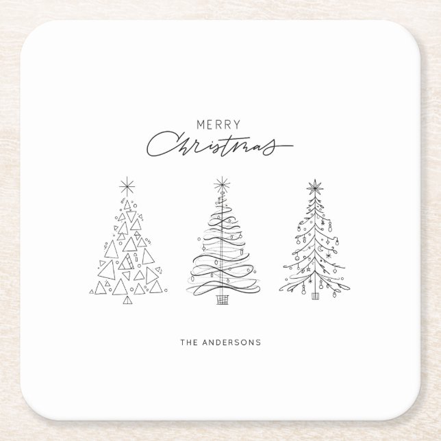 Minimalist Christmas Trees Custom Name  Square Paper Coaster (Front)