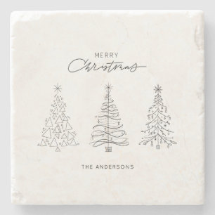Minimalist Christmas Trees Custom Name Stone Coaster